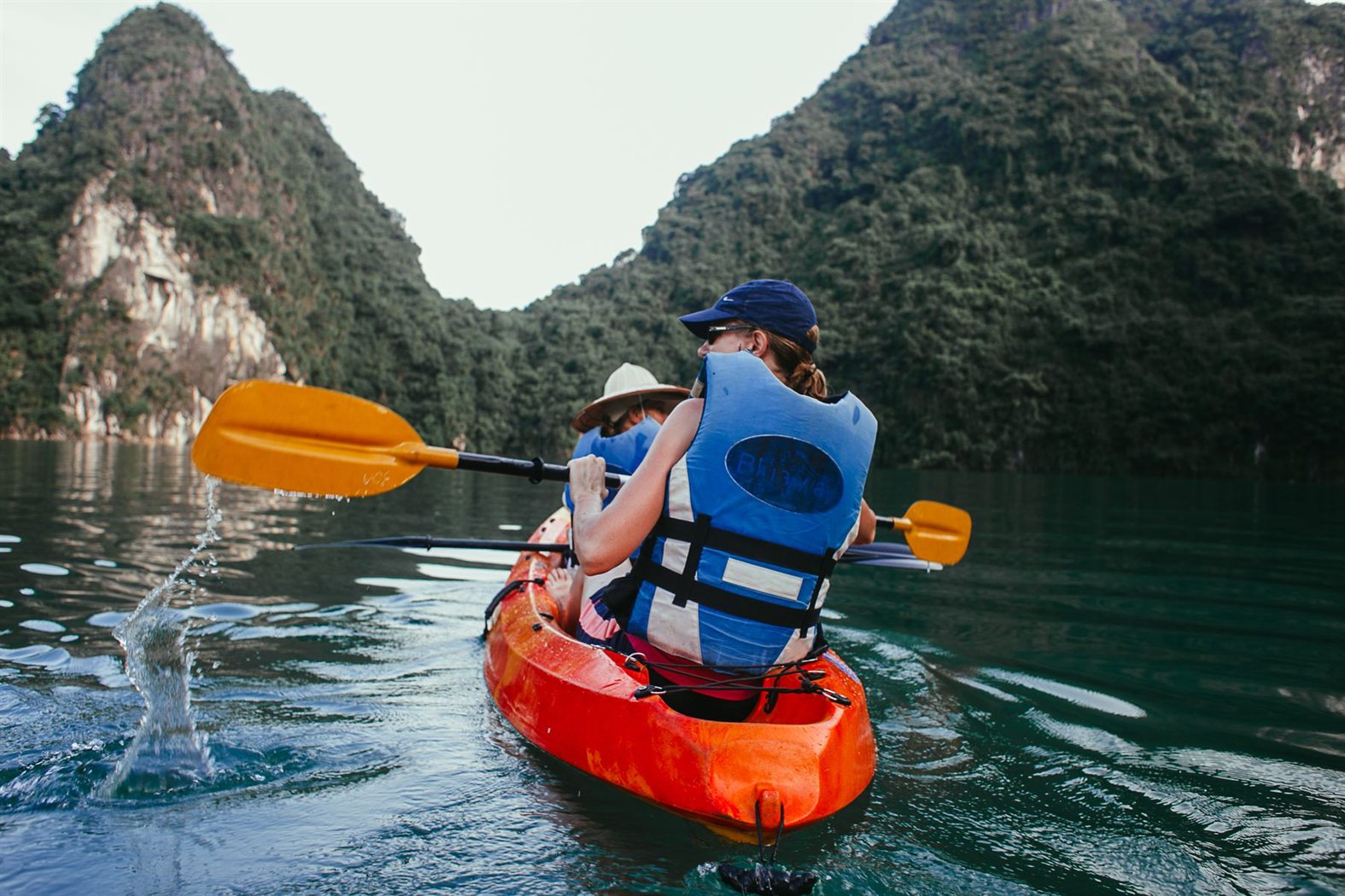 Groupe de kayakistes avançant sur une eau côtière calme